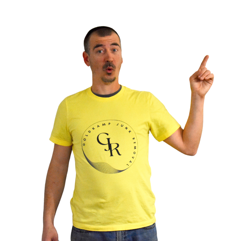 basement cleanout junk removal crew pointing up to the right